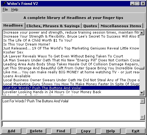 Actual-size image of Writer's Friend - software for writers, product developers and project developers